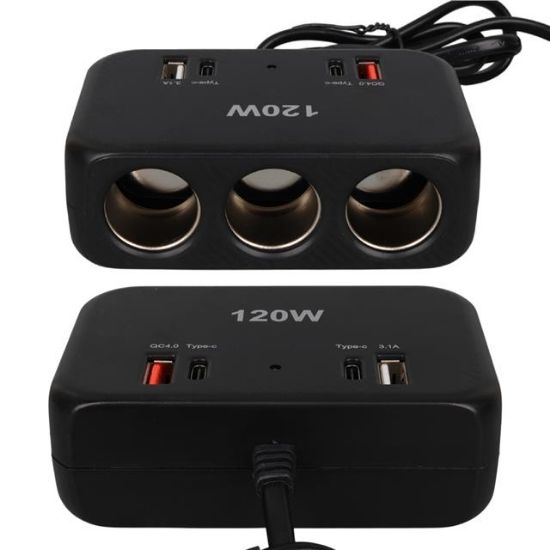 Olesson 1656 12-24V Çift USB + Çift TYPE-C 120W 80cm Kablolu 3'lü Araç Çakmak Çoklayıcı resmi