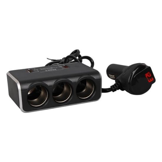 Olesson 1639 12-24V Çift USB Girişli Hızlı Şarj Destekli 120W 80cm Kablolu Dijital Voltaj Ekranlı 3'lü Araç Çakmak Çoklayıcı resmi