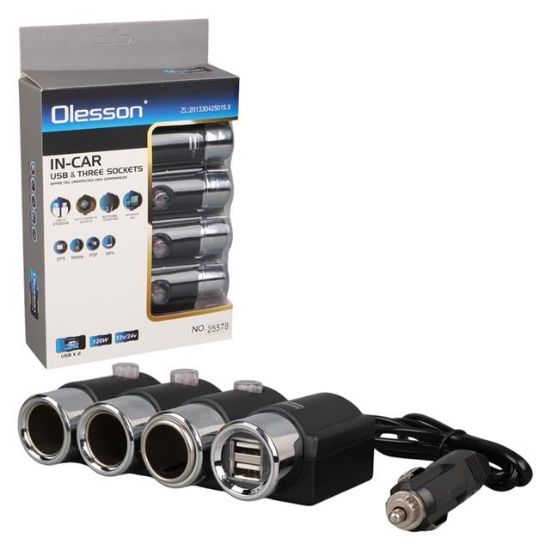 Olesson 1508 12-24V Çift USB Girişli 120W 80cm Kablolu 3'lü Araç Çakmak Çoklayıcı resmi