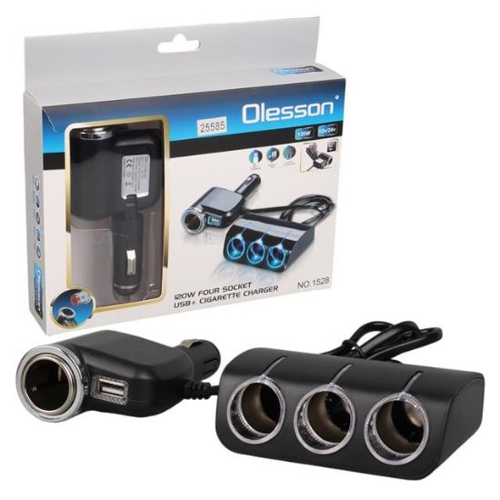 Olesson 1528 12-24V Tek USB Girişli 120W 80cm Kablolu 3'LÜ Araç Çakmak Çoklayıcı resmi