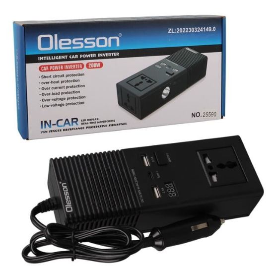Olesson 1665 DC 12-24V 200W Oto Araç Power İnverter Ek Çakmak Girişi - TYPE-C - Çift USB - 220V Üniversal Priz resmi