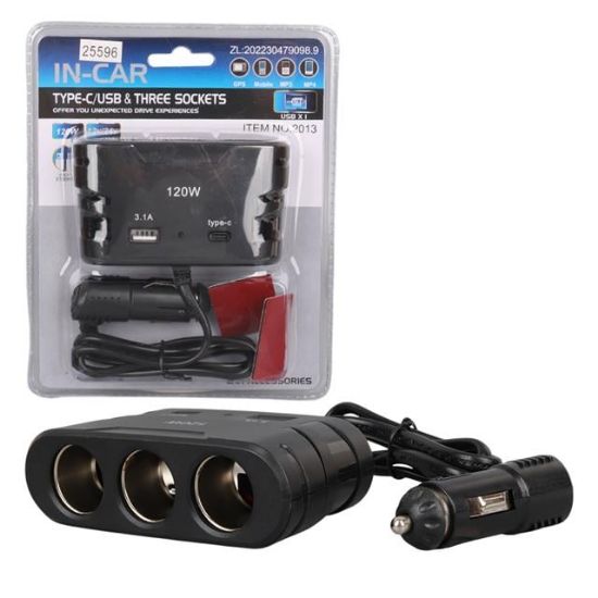 Olesson 2013 12-24V TYPE-C + USB Girişli 120W 80 CM Kablolu 3'lü Araç Çakmak Çoklayıcı resmi