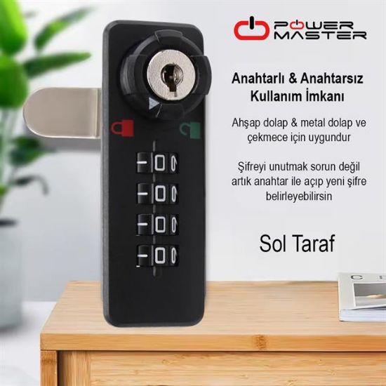 PowerMaster PM-26731 4 Haneli Şifreli Ve Anahtarlı Mekanik Siyah Çekmece Dolap Kilidi (Sol) resmi