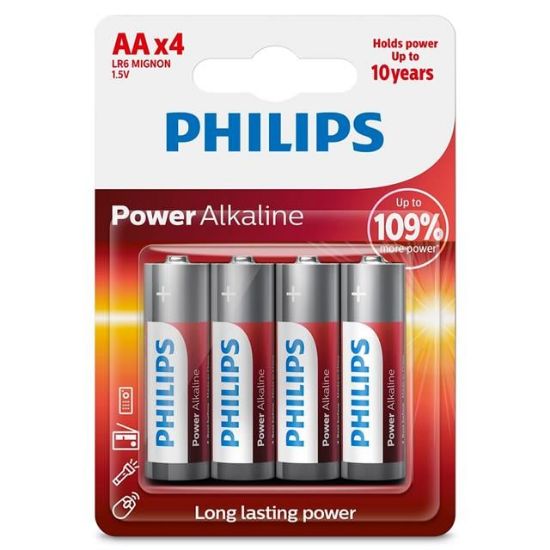 Philips Power Alkaline AA LR6 1.5V Kalem Pil 4'lü Paket (LR6P4B/10) resmi