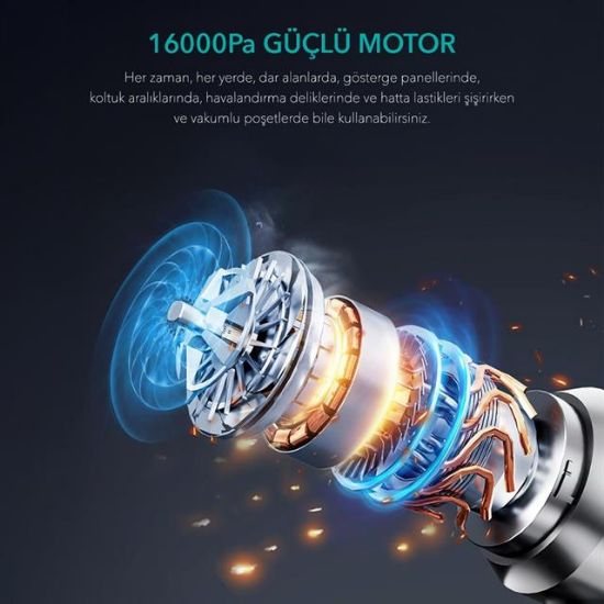 Shibumi Tornada 100 Watt 6000mAh 16000pa Çekiş Gücü 8 Adet Başlıklı Şarjlı Güçlü Üfleme Araç İçi Süpürge resmi