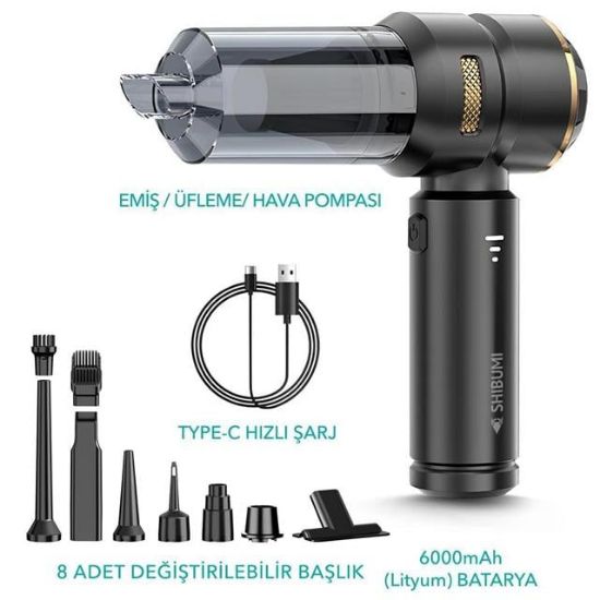 Shibumi Tornada 100 Watt 6000mAh 16000pa Çekiş Gücü 8 Adet Başlıklı Şarjlı Güçlü Üfleme Araç İçi Süpürge resmi