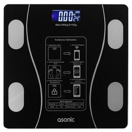 Asonic BS260 Siyah 260x260 Mm Dijital Bluetooth Baskül (2*AAA Pil Hediyeli)  resmi