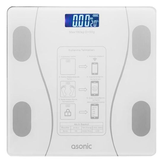 Asonic BS260 Beyaz 260x260 Mm Dijital Bluetooth Baskül (2*AAA Pil Hediyeli) resmi