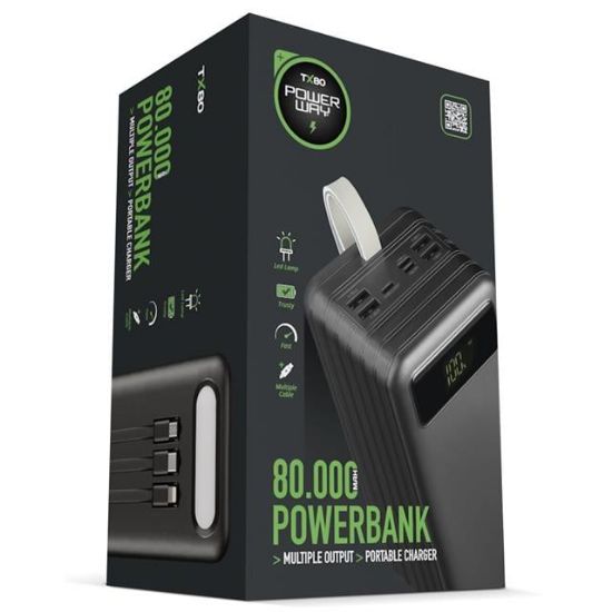 POWERWAY TX80 DİJİTAL GÖSTERGELİ  IŞIKLI ORJİNAL 80000 MAH KABLOLU POWERBANK resmi
