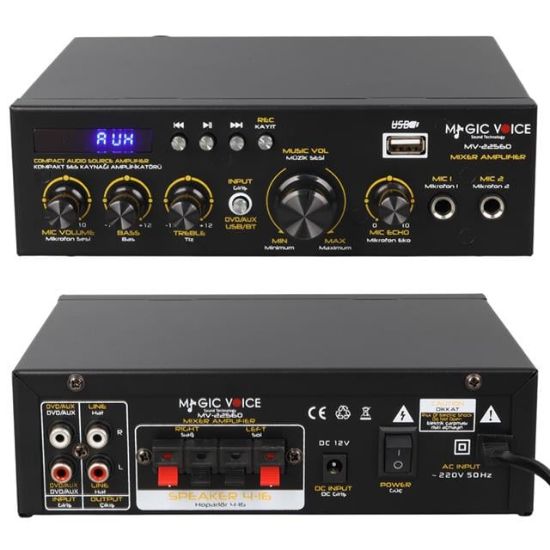 MAGICVOICE MV-22560 2X20W 4-8 OHM USB/SD GİRİŞLİ BLUETOOTHLU 2 MİKROFON GİRİŞLİ TRAFOSUZ STEREO MİNİ ANFİ resmi