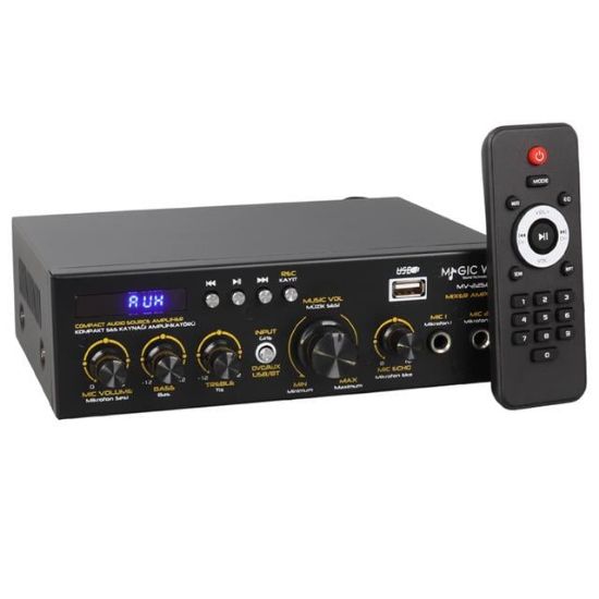 MAGICVOICE MV-22560 2X20W 4-8 OHM USB/SD GİRİŞLİ BLUETOOTHLU 2 MİKROFON GİRİŞLİ TRAFOSUZ STEREO MİNİ ANFİ resmi