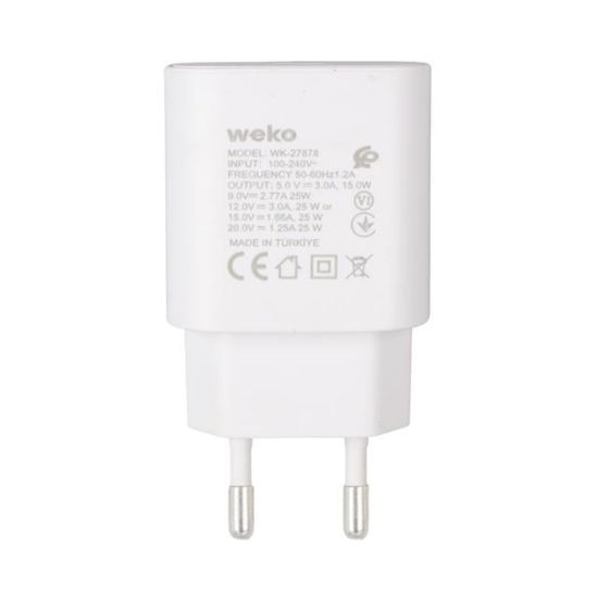 Weko WK-27878 Note10 Beyaz 25 Watt Şarj Başlık Adaptörü + Type-C To Type-C Kablo resmi