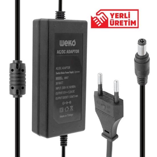 WEKO 12 VOLT - 3.2 AMPER - 38 WATT 5.5*2.5 UÇLU YERLİ ÜRETİM PLASTİK KASA MASAÜSTÜ ADAPTÖR resmi