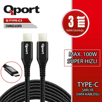 QPORT Q-TYPE-C3 3M TYPE-C 100W SUPER HIZLI PD SARJ VE DATA KABLOSU resmi