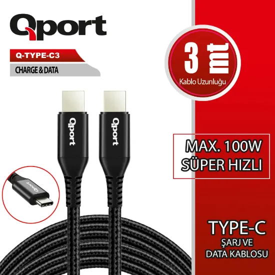 QPORT Q-TYPE-C3 3M TYPE-C 100W SUPER HIZLI PD SARJ VE DATA KABLOSU resmi