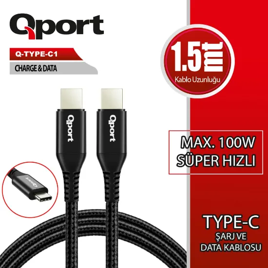 QPORT Q-TYPE-C1 1.5M TYPE-C 100W SUPER HIZLI PD SARJ VE DATA KABLOSU resmi