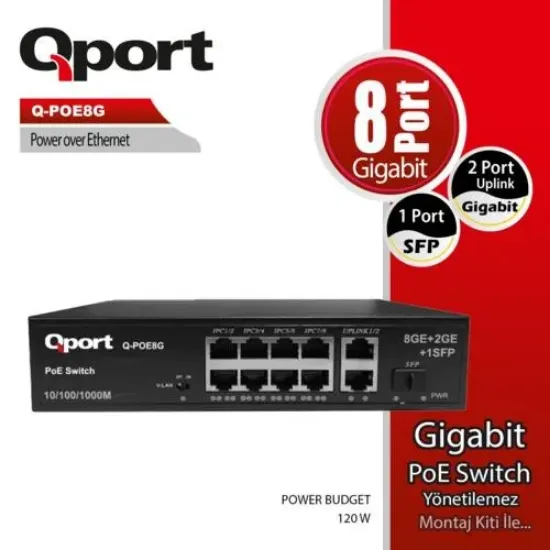 QPORT Q-POE8G 8 PORT GIGABIT + 2 PORT GIGABIT UPLINK POE SWITCH resmi