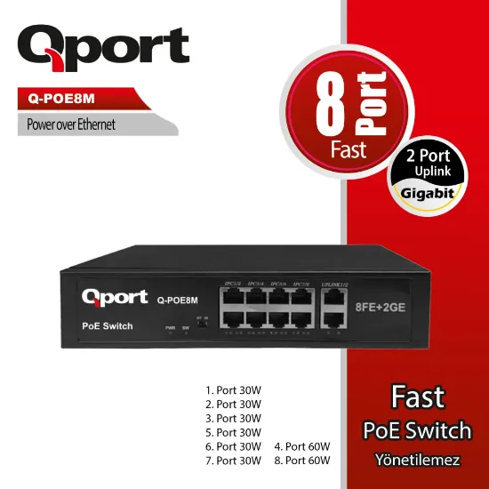 QPORT Q-POE8M 8 PORT 10/100 + 2 PORT 10/100/1000 UPLINK POE SWITCH resmi