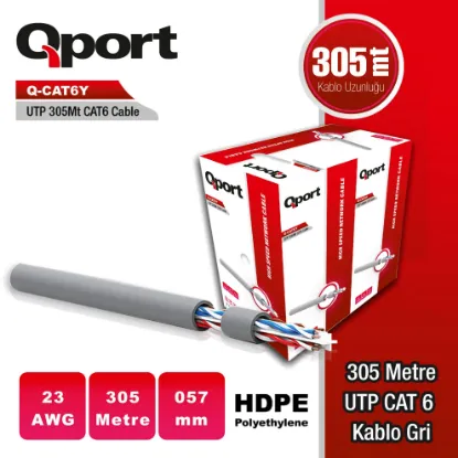 QPORT Q-CAT6Y 305 METRE 23AWG GRI CAT6 UTP PE KABLO resmi