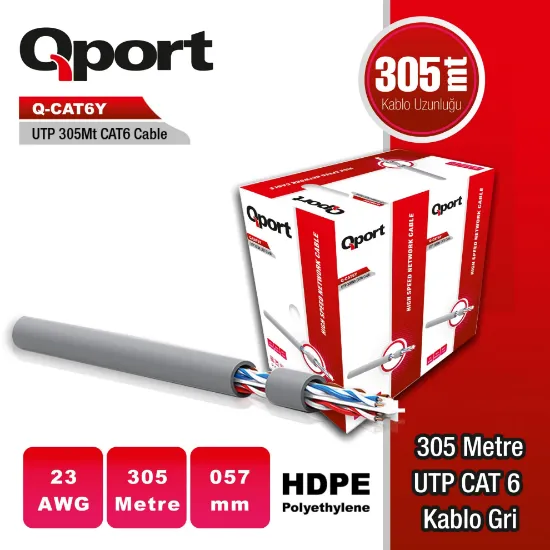 QPORT Q-CAT6Y 305 METRE 23AWG GRI CAT6 UTP PE KABLO resmi