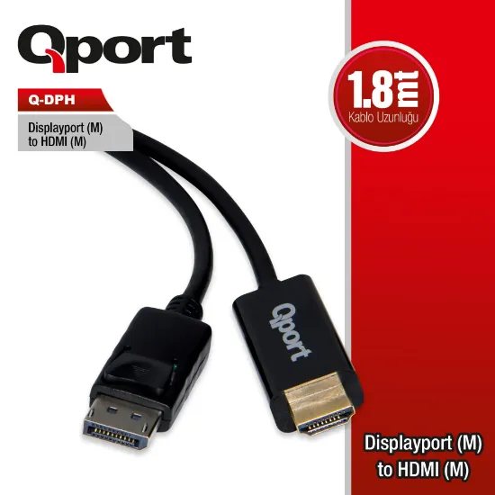 QPORT Q-DPH DISPLAY PORT TO HDMI CEVIRICI 1.8M KABLO resmi