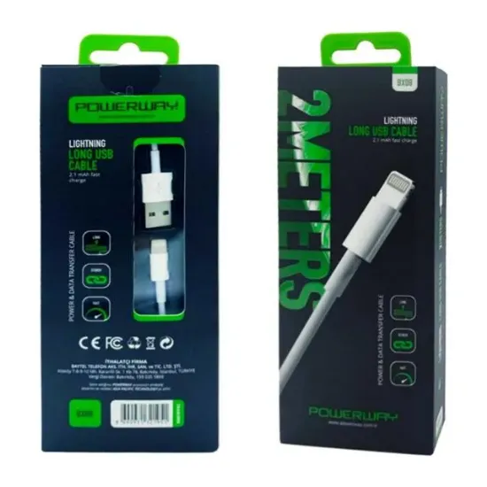 Powerway BX08 iPhone 2100 mA Hızlı 2 Metre Şarj Data Kablosu resmi