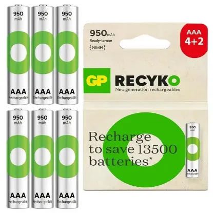 GP Batteries ReCyko 950mAh AAA İnce Kalem 6 Adet Ni-Mh Şarjlı Pil 1.2 Volt resmi