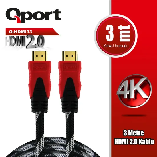 QPORT Q-HDMI33 3 METRE 2.0V 4K  ALTIN UÇLU ÖRGÜLÜ KABLO resmi