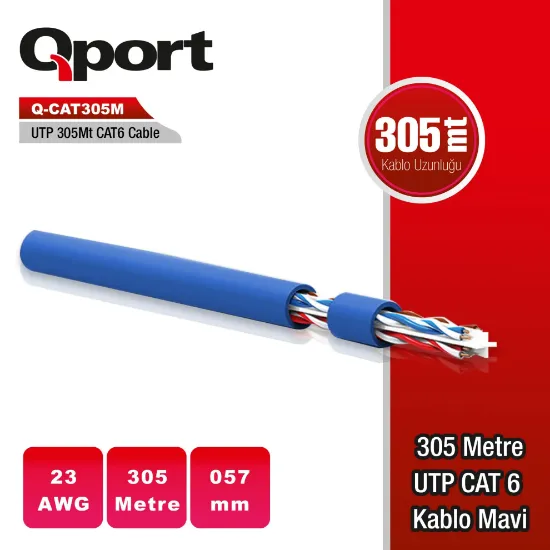 QPORT Q-CAT6M UTP 305M UTP 23AWG MAVİ NETWORK KABLO resmi