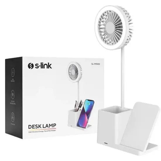 S-link SL-M9055 10 Watt Kablosuz Şarj İstasyonlu Fanlı Kalemlikli Masa Lambası (Beyaz) resmi