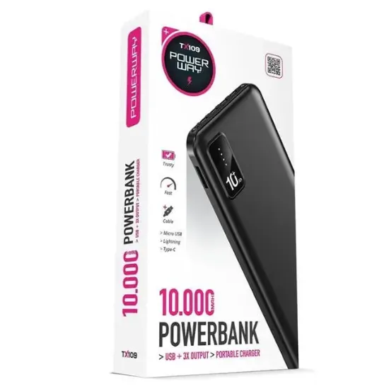 Powerway TX109 10.000mAh Kablolu Dijital Göstergeli Fenerli Powerbank Dahili Telefon Stand (MİCRO - TYPE C - LİGHTNİNG) resmi