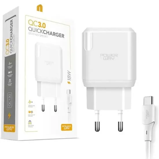 Powerway QCT30 18 Watt 3 Amper Type-C Kablolu Hızlı Şarj Aleti Seti resmi