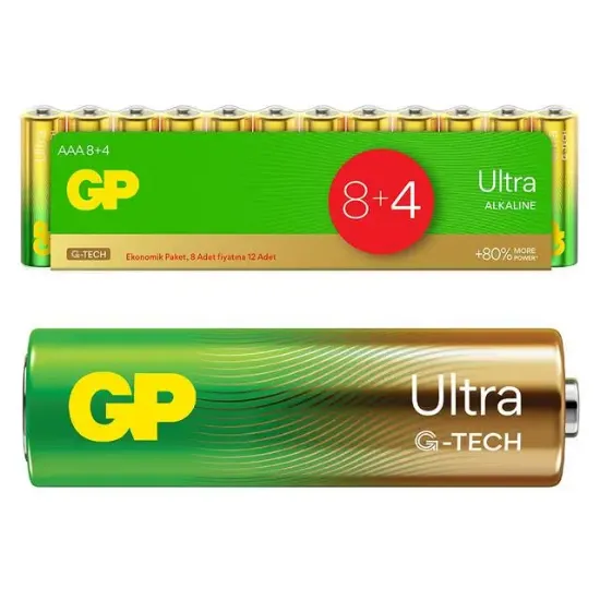 GP G-Tech 8+4 12li Paket AAA Alkalin İnce Kalem Kumanda Pili (8 Adet Fiyatına 12 Adet Pil) resmi