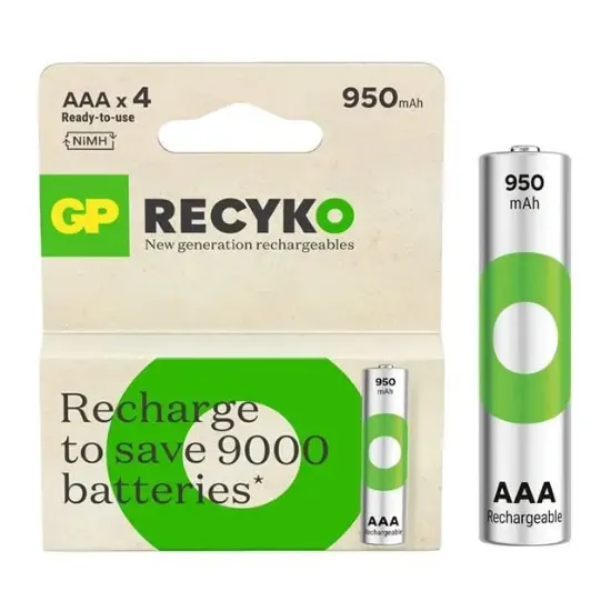GP Recyko 950mAh Ni-MH AAA Şarjlı İnce Kalem Pil 4'lü Paket resmi