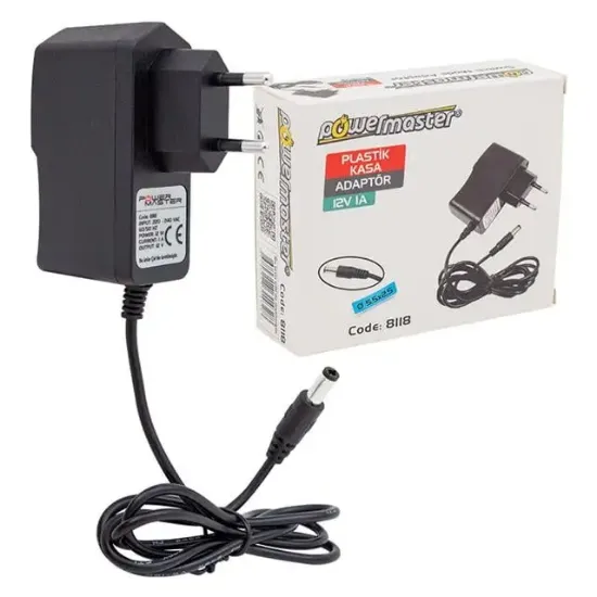 Powermaster PM-8118 12 Volt - 1 Amper 5.5*2.5 Mm Uçlu Plastik Kasa Priz Tipi Adaptör resmi