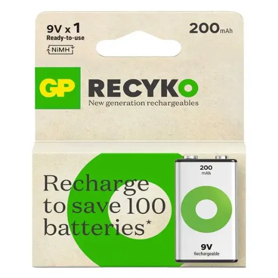 GP Batteries ReCyko 200 mAh 9V Boy Ni-Mh Şarjlı Pil Tekli Paket resmi