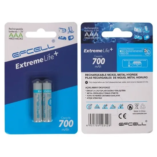 Efcell Extreme Life+ AAA 700mAh 1.2V Şarj Edilebilir Ni-MH Pil (2'li Paket) resmi