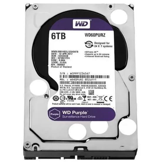 Western Digital WD60PURZ 6 TB Sata6 64Mb 7-24 Purple Harddisk resmi