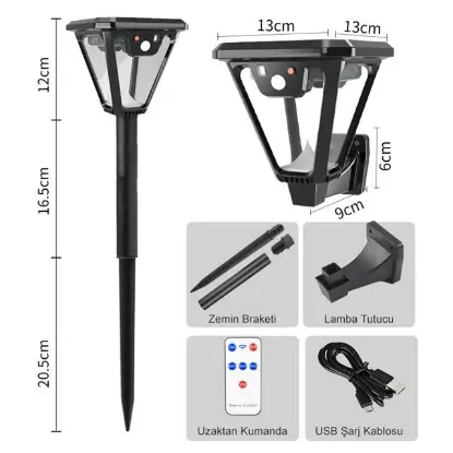 Powermaster HS-V83 Solar Panelli 3 Modlu Kumandalı Hareket Sensörlü 100 SMD Ledli Şarjlı Duvar ve Bahçe Lambası resmi