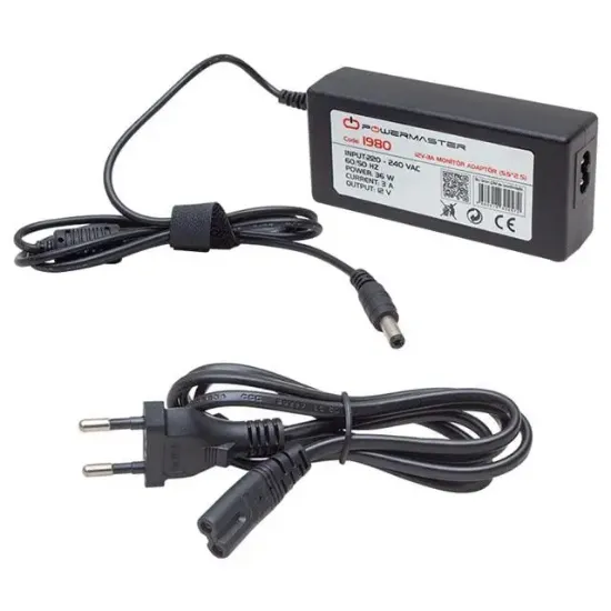 Powermaster PM-1980 12 Volt - 3 Amper - 36 Watt 5.5*2.5 Mm Uçlu Plastik Kasa Masaüstü Adaptör resmi