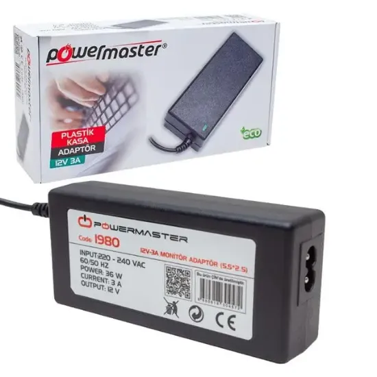 Powermaster PM-1980 12 Volt - 3 Amper - 36 Watt 5.5*2.5 Mm Uçlu Plastik Kasa Masaüstü Adaptör resmi
