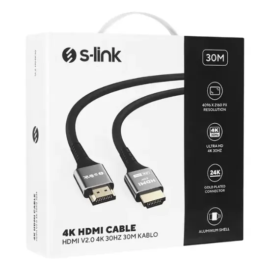 S-Link SLX-HD4K30 30 Metre v2.0 4K Metal Uçlu Zırhlı Yüksek Performanslı HDMI Kablosu resmi
