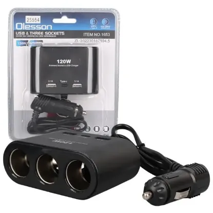 Olesson 1653 12-24V Çift USB + TYPE-C Girişli 100W 70cm Kablolu 3'lü Araç Çakmak Çoklayıcı resmi