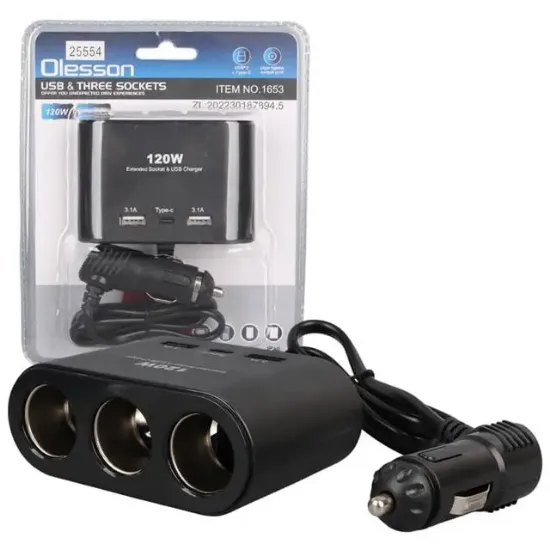 Olesson 1653 12-24V Çift USB + TYPE-C Girişli 100W 70cm Kablolu 3'lü Araç Çakmak Çoklayıcı resmi