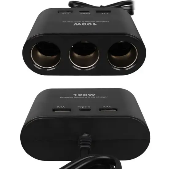 Olesson 1653 12-24V Çift USB + TYPE-C Girişli 100W 70cm Kablolu 3'lü Araç Çakmak Çoklayıcı resmi