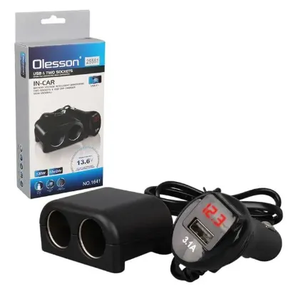 Olesson 1641 12-24V Tek USB Girişli 120W 80cm Kablolu Dijital Voltaj Ekranlı 2'li Araç Çakmak Çoklayıcı resmi