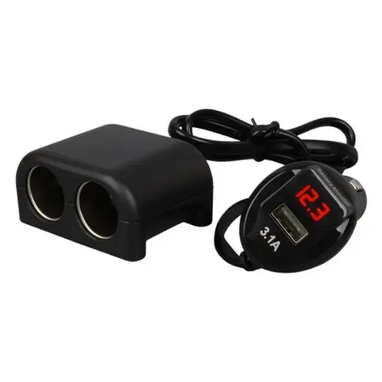 Olesson 1641 12-24V Tek USB Girişli 120W 80cm Kablolu Dijital Voltaj Ekranlı 2'li Araç Çakmak Çoklayıcı resmi