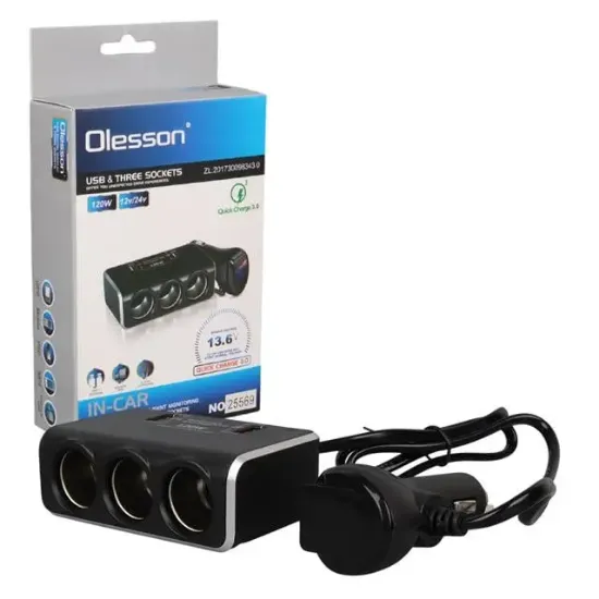Olesson 1639 12-24V Çift USB Girişli Hızlı Şarj Destekli 120W 80cm Kablolu Dijital Voltaj Ekranlı 3'lü Araç Çakmak Çoklayıcı resmi