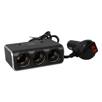 Olesson 1639 12-24V Çift USB Girişli Hızlı Şarj Destekli 120W 80cm Kablolu Dijital Voltaj Ekranlı 3'lü Araç Çakmak Çoklayıcı resmi