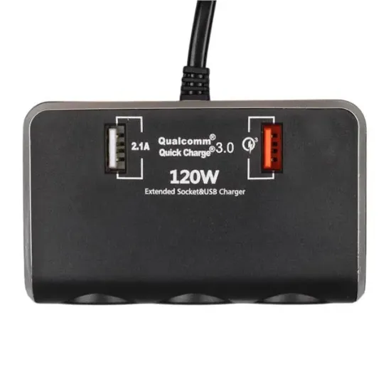 Olesson 1639 12-24V Çift USB Girişli Hızlı Şarj Destekli 120W 80cm Kablolu Dijital Voltaj Ekranlı 3'lü Araç Çakmak Çoklayıcı resmi